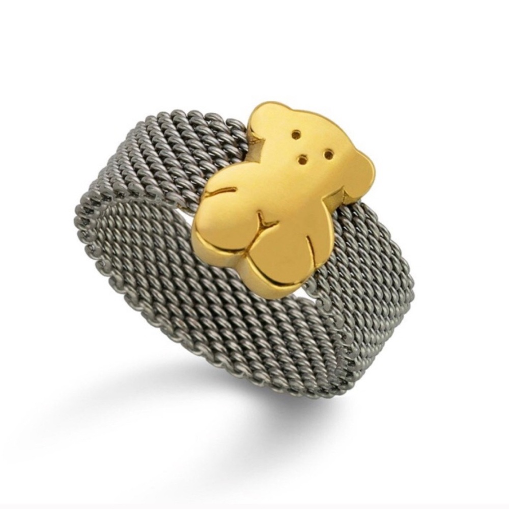 Tous Two-Tone Teddy Bear Mesh Ring in Gold and stainless steel